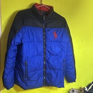 XL Kids Ralph Lauren Puffer Jacket No Hood Blue/Black Color Big Red Logo